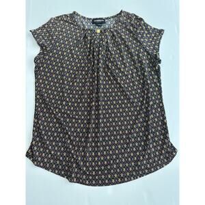 Liz Claiborne Career Black Gold Floral Print Short Sleeve Blouse Top Large